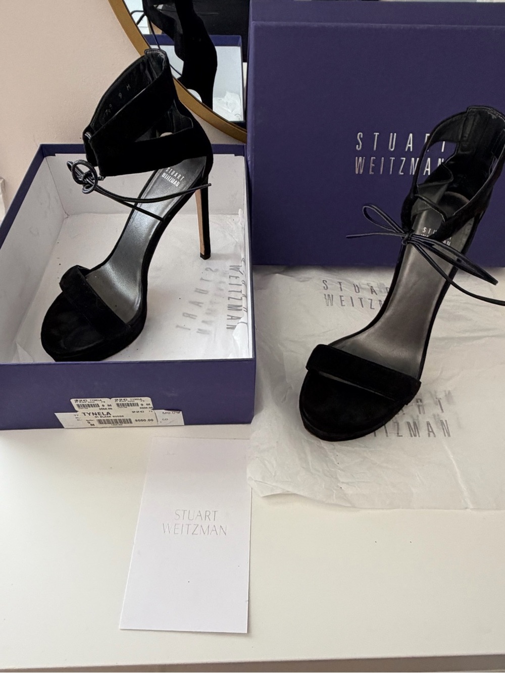 Stuart Weitzman TYNELA Black Suede Ankle-Tie Stiletto Sandals